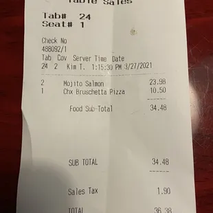 The tab for 2 salmon &amp; 1 bruschetta.