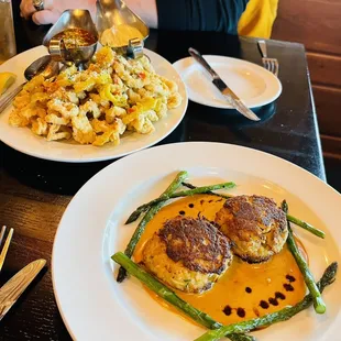 Crab cakes and calamari.