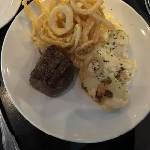 Petite Filet onion rings and Parmesan potatoes!!