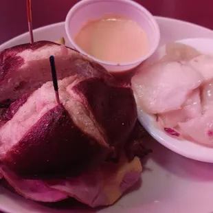 Hot Wisco with beer cheese sauce and German potato salad.