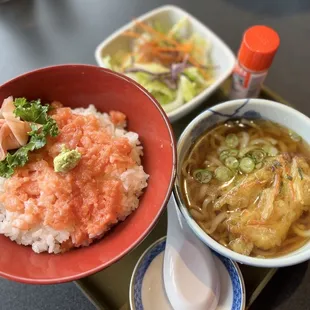 Lunch special. Salmon over rice, tempura udon, salad. Delicious!!