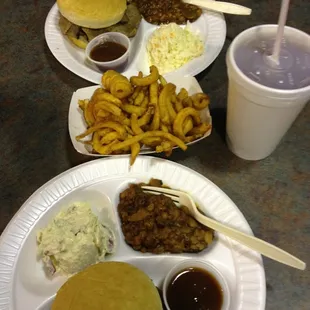 BBQ brisket &amp; BBQ pulled pork sandwiches, curly fries, potato salad, cole slaw, baked beans.