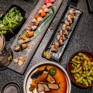 a variety of sushi dishes