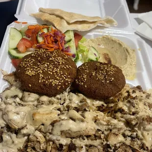 Chicken Shawarma Plate, huge portion! The falafel is probably the best I&apos;ve ever had.