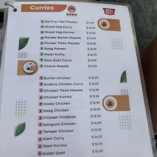 Currry menu