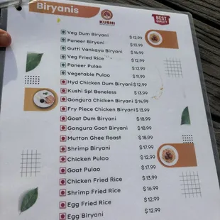 Biryani menu