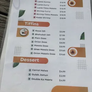 Continued curry menu, tiffin menu and dessert menu
