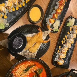 Morgan Hill Roll, Fuji Mountain Roll, Plain Udon, Spicy Ramen, Shrimp Tempura.