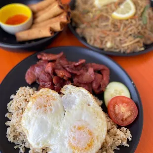 Pork Lumpia, Pancit Bihon and Tocilog