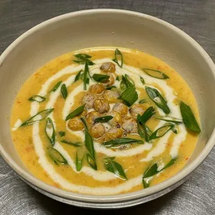 a bowl of soup on a table