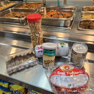 A few foods, drinks, and a plate to go!