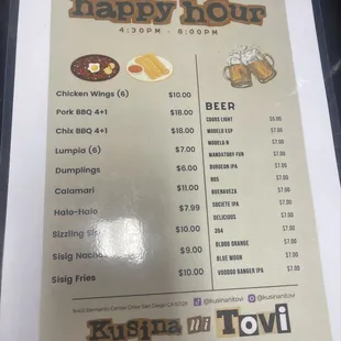 Happy Hour Menu.