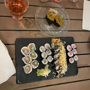 Seared Yellowtail Roll, Shrimp Tempura Maki, Tuna Maki, Smoked Salmon and Asparagus Maki,  Sea Urchin Sashimi