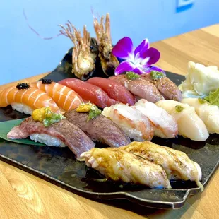 Salmon, tuna, toro, wagyu, sweet shrimp, scallop, seared fatty salmon