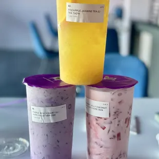 Pineapple Jasmine tea, purple rice yogurt drink, and strawberry jelly coconut, all so yummy.