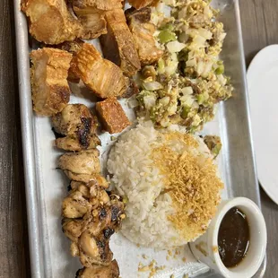 Kuya bowl 3: Crispy Pork Sisig, Lechon Kawali, Grilled BBQ Skewers