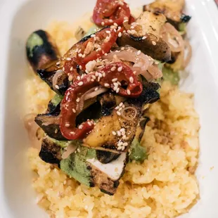 Tofu + Mushroom Rice Bowl $23 (25 Aug 2022) - grilled king oyster mushroom and tofu, kaffir lime green goddess, pickled red fresno..