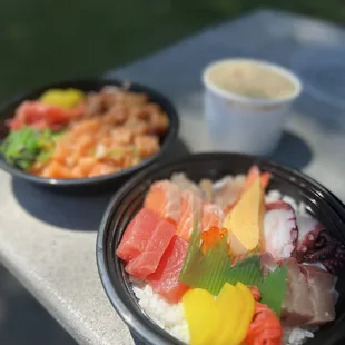 Chirashi bowl, poke bowl, and clam chowder:)