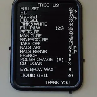 Price List for KV Nails