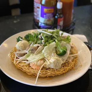 Stir fry crispy yellow noodles. Delicious!