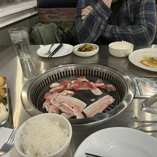 Pork belly, brisket, rice &amp; lots of banchan!