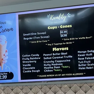 a menu for ice cream