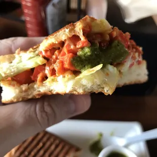 a hand holding a sandwich