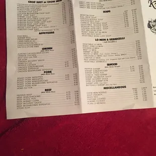 the menu for the restaurant
