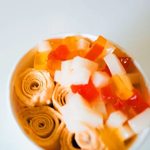 Thai Tea Ice Cream Roll Topped With Rainbow Jelly