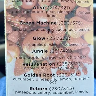 the menu for the juice