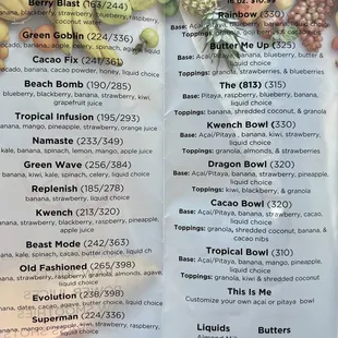 a menu for a smoothie