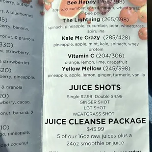 a menu for juice
