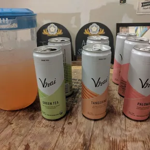 a variety of beverages on a table
