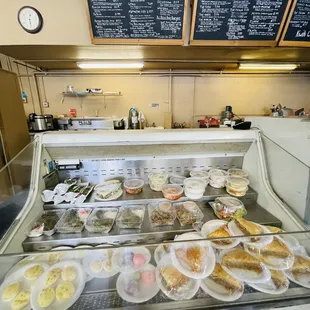 a display case of food