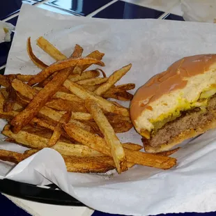 Cheeseburger and fries. Hood old fashioned style. Delicious!