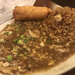 Shrimp with lobster sauce, shrimp fried rice, and egg roll.