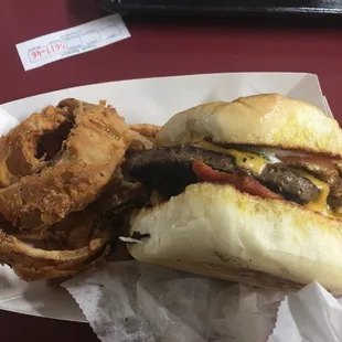 Farm House Burger with Onion Rings