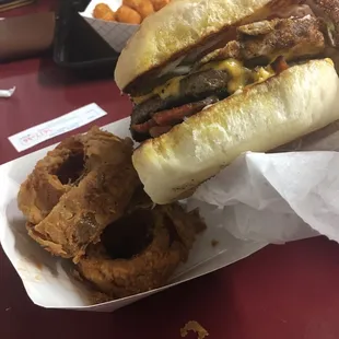 Farm House Burger with Onion Rings