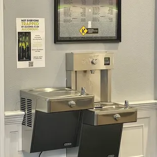 Modern water fountain in main lobby with a bottle filler