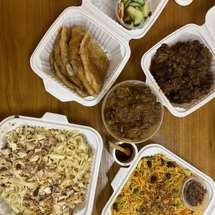 M14. Roasted Garlic Noodle, M8. Paratha with Lamb Curry, Yellow Rice with Chicken Curry