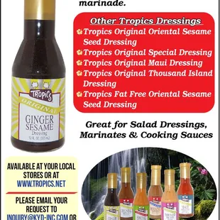Tropics Dressings available for purchase at https://tropics.net/products
