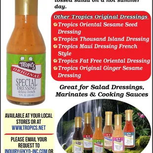 Tropics Dressings available for purchase at https://tropics.net/products