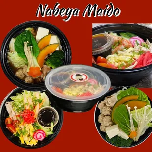 "MicrowaveaBowl" containers used by Nabeya Maido for their hot pot. Just heat and eat at home. Call us for more info on the container