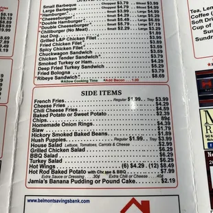 Sandwiches and side item menu at Kyle fletchers