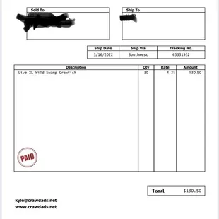 Invoice for order which says size is XL