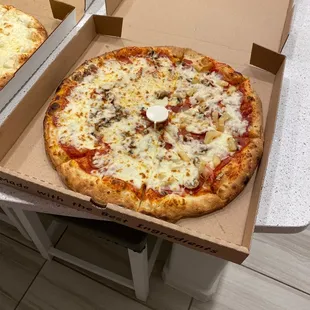 Large with half pepperoni and mushrooms, and the other half ham and pineapple (hush, it goes on pizza)