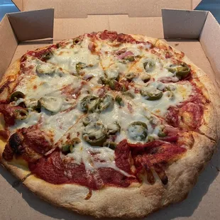 Pepperoni, onion, jalapeño, and green olives
