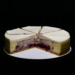 Classic cheesecake with blueberry swirls.