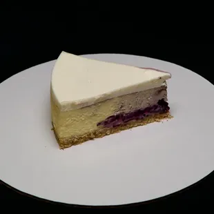 Our classic cheesecake with blueberry swirls.