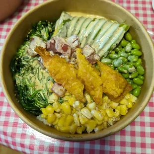 MYO Bowl - tuna &amp; shrimp tempura w/ seaweed salad, corn, avocado, edamame